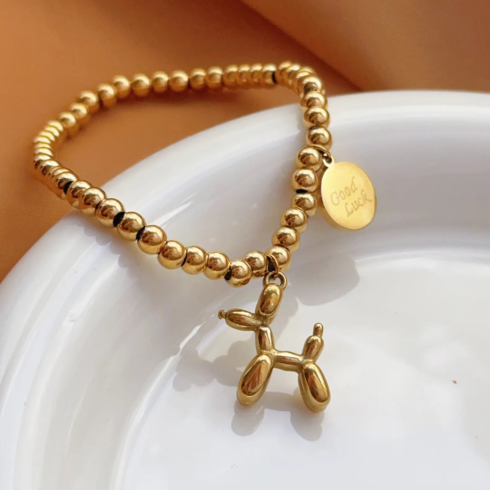 Minimalist 18K Gold Plated Stainless Steel Beaded Bracelets Ins Cute Balloon Dog Charm Elastic Bracelet Good Luck Bracelet Gifts