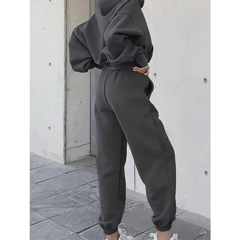 F230702 2025 Spring Autumn Women's Oversized Long Sleeve Two Piece Gym Crop Top Pullover Custom Logo Hoodie Set With Joggers