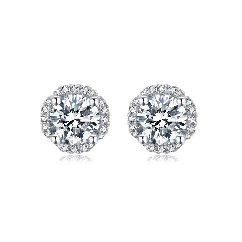 925 Sterling Silver GRA Certified Round Cut Moissanite Stud Earrings Silver Plated Classic Halo Design Moissanite Earings Stud