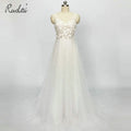 Ruolai QW01737 Simple  V-Neck Flowers Pearls  Lace Wedding Dress Tulle Sleeveless Bridal Dress