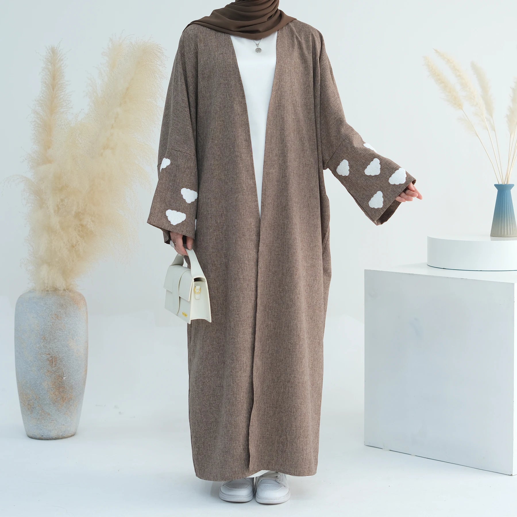 Loriya Linen Polyester Abaya Solid Color With Cloud Plain Abaya Turkey EID Ramadan Islamic Clothing Abaya Muslim Women Dresses