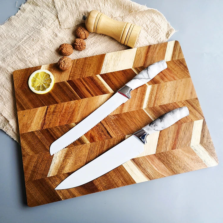 Kitchen Acacia Wood Cutting Board Rectangle Wave Pattern Splicing Chopping Board
