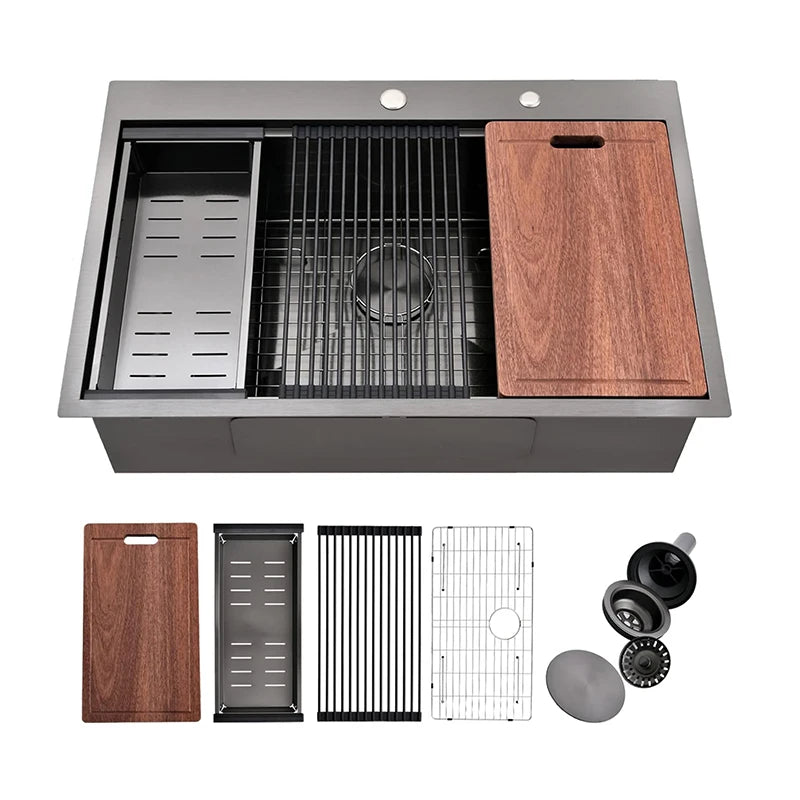 Multi-functional Drop in Nano Black 304 Stainless Steel Handmade Kitchen Sink Workstation Sink