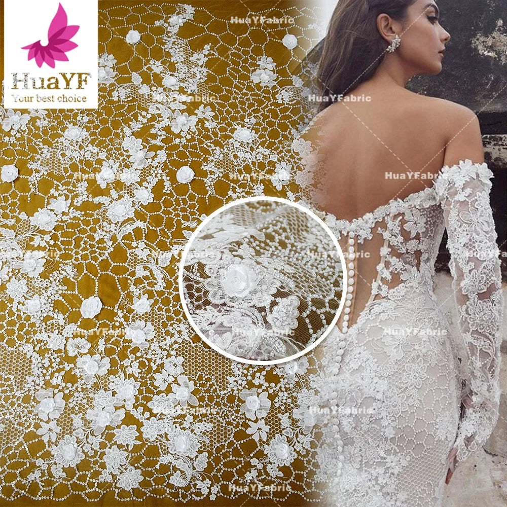 HY2767 Hot Sale White Beaded Applique Lace Tulle Wedding Bridal Dress Mesh Fabric