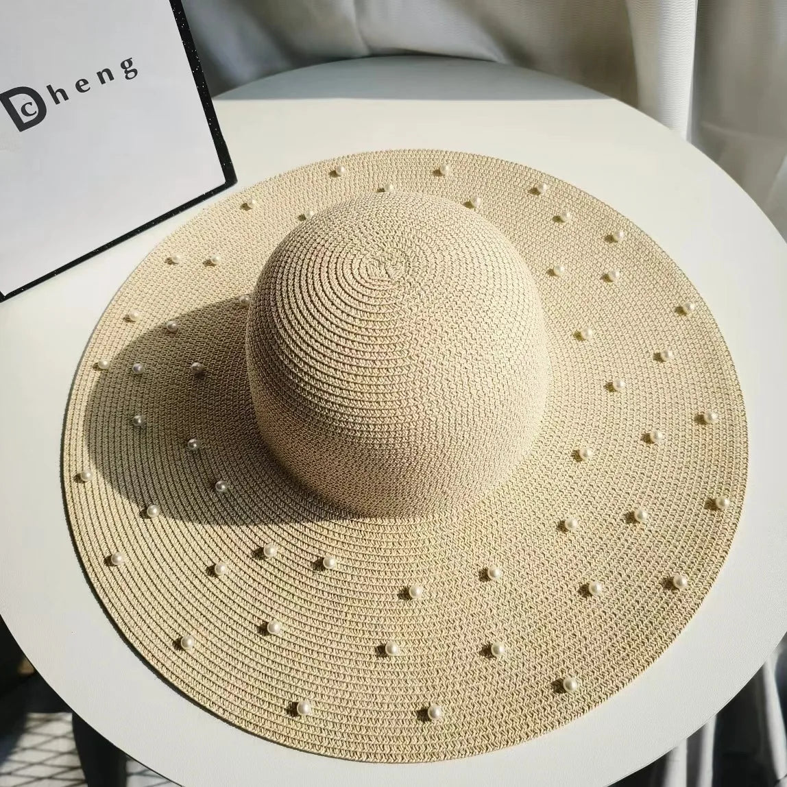 Summer Women Wide Brim Panama Pearl Straw Hat UV Protect Sunscreen Travel Beach Hat