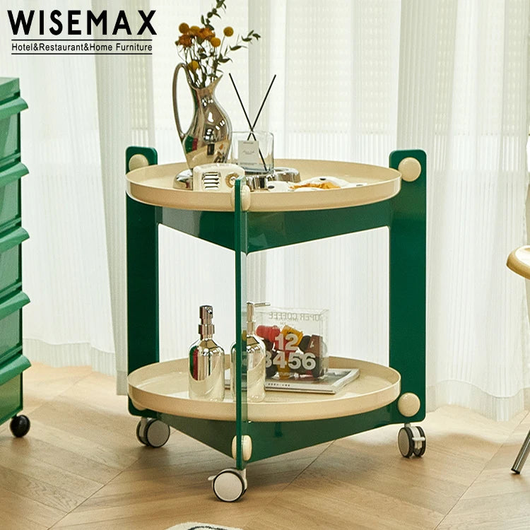 WISEMAX FURNITURE Nordic Plastic Colorful Sofa Side Table Round Two Shelving Small Coffee Table with Wheel and Storage Shelf