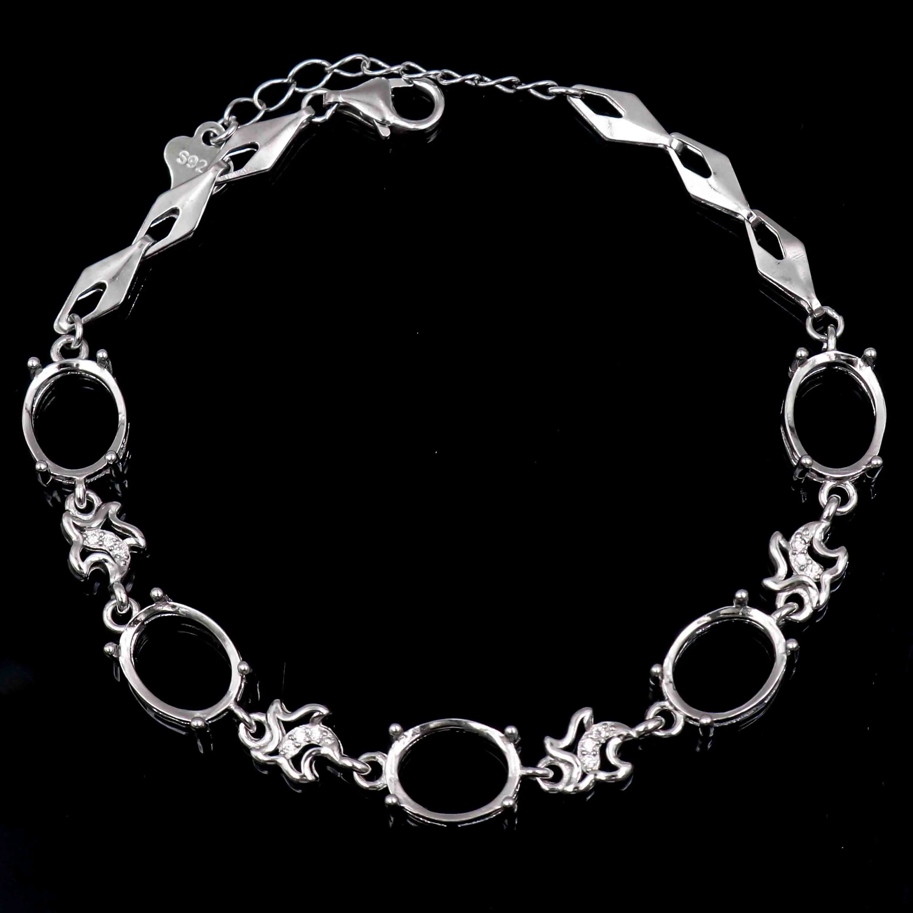 Sterling Silver 8*10mm Semi Mount Bracelet Empty Frame Blank Claws Setting S925 Base Holder Without Center Stone Inlay for DIY