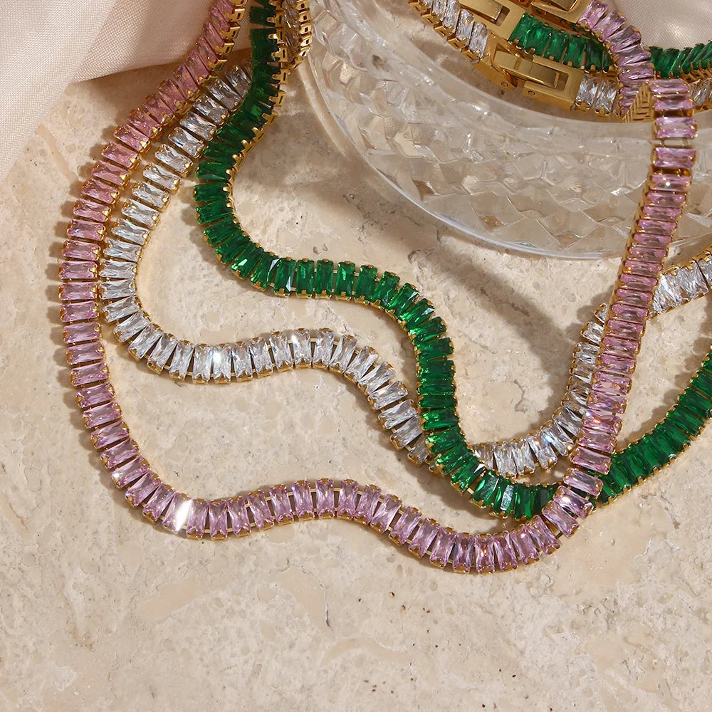 Dreamshow Colorful AAA Zircon Jewelry Gold Plated Jewelry Stainless Steel Chain Necklace Non Tarnish Tennis Chain Necklace