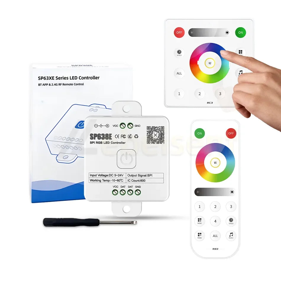 SP638E SPI RGB LED Controller DC 5-24V 600 Pixel Dream Color Strip Light Smart Blue Tooth Music Dimmer 2.4G RB3 Remote RC3 Panel