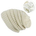 Custom Leather Patch Satin Fabric Womens Winter Warm Knitted Hat Cable Knit Chunky Slouchy Satin Lined Beanie