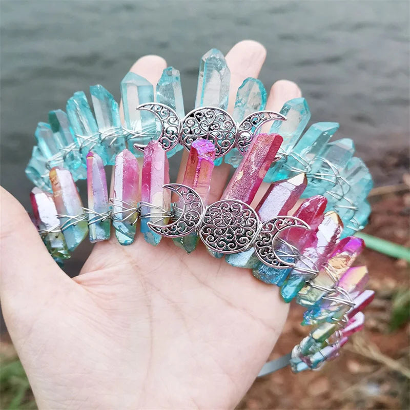 Crystal Electroplating Aura Quartz Crystal Crown Hairpin Bridal Jewelry Natural Crystal Colorful Gold Hairband