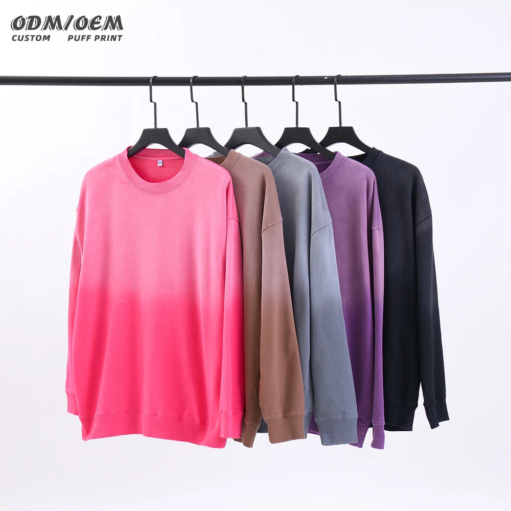 Winter Streetwear Pigment Dye 400gsm Cotton Digital Printing Acid Wash Crew Neck Oversized Sun Faded Sweatshirts Unisex