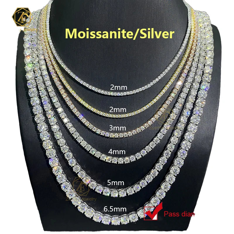 Factory Price Hiphop 3mm Full Size Moissanite Tennis Bracelet Necklace Pass Diamond Tester Tennis Chain 925 Sterling Silver