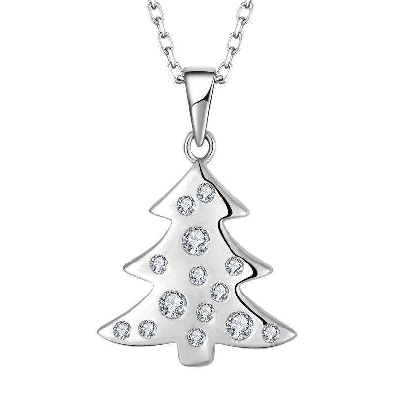 YILUN 925 Sterling Silver Christmas Tree Pendant Necklace CZ Crystals & Zircon Holiday Jewelry Gift for Women & Girls