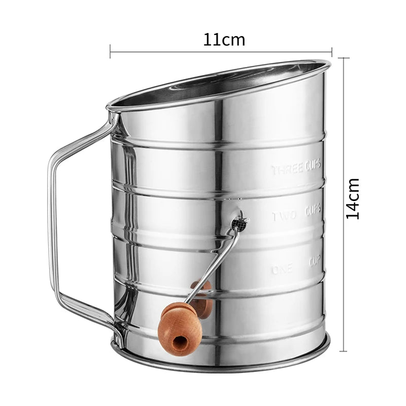 Stainless Steel 3 Cup Flour Sifter for Baking Powdered Sugar Shaker With Rotary Hand Flour Strainer Pastry Tools