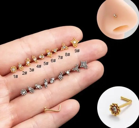 HENGSEN Fashion Mini Gold Plated Jewelry L-Shaped Stainless Steel Crystal Nose Stud for Women Nose Piercing Jewelry