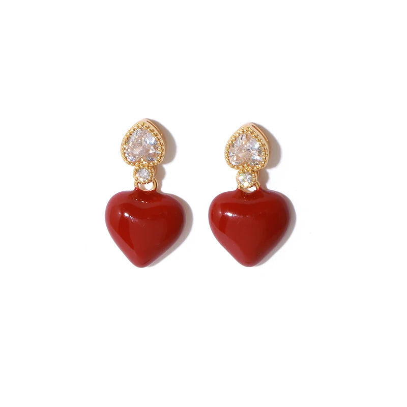 Hot Selling Christmas Earrings Elegant Red Oil Drop Heart Earrings Luxury New Year Cute Stud Earrings