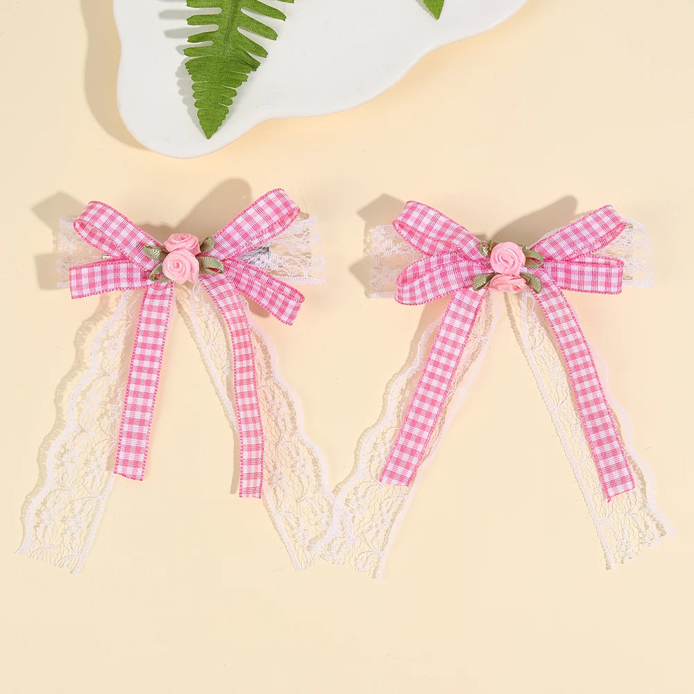 CN 2Pcs White Lace Flower Hair Bow Boutique Fabric Checked Pink Hair Bow Clip for Women Girls