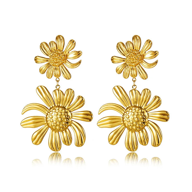 New Fashion High-End Stainless Steel Jewelry Gold Color Ear Studs Hang Flower Sunflower Elegant Earrings for Women Birthday