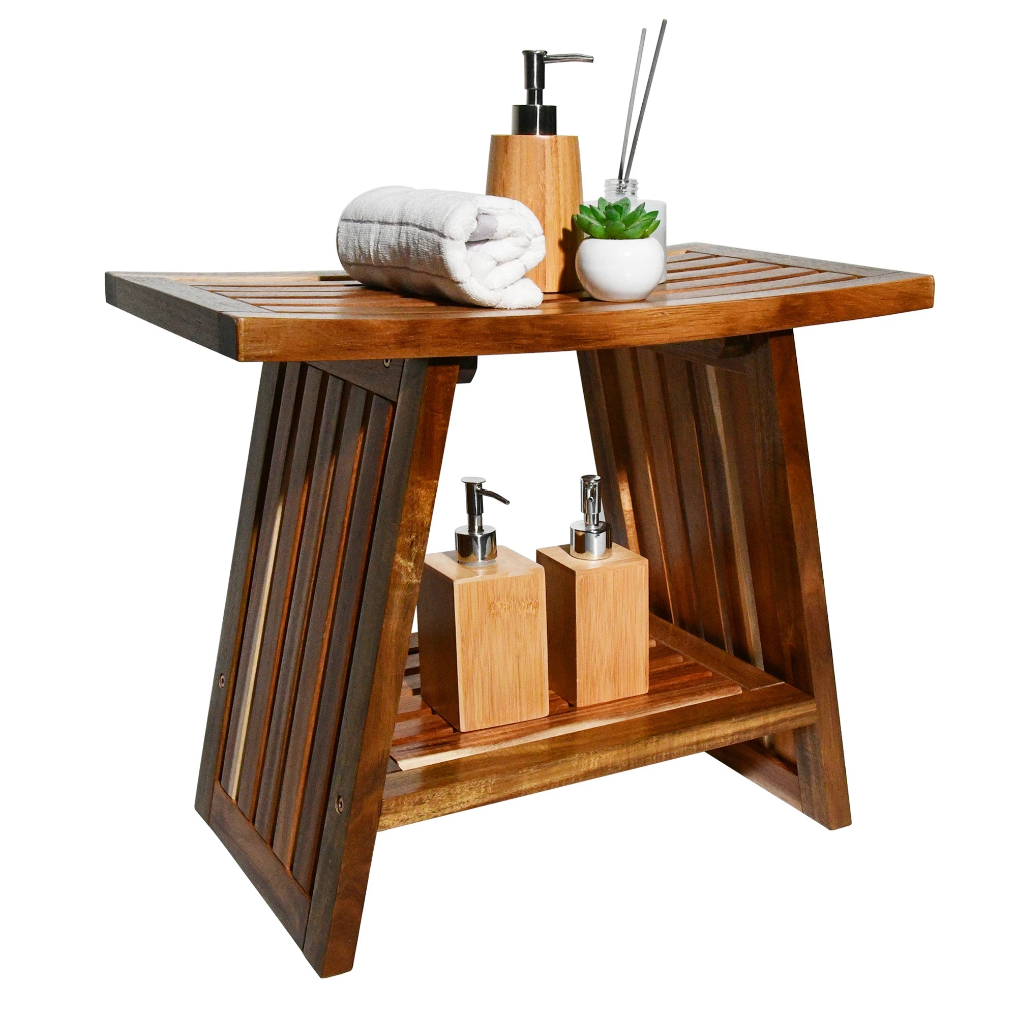 Natural Teak Wood Shower Bench 2-Tier Wooden Spa Stool with Curved Seat and Shelf