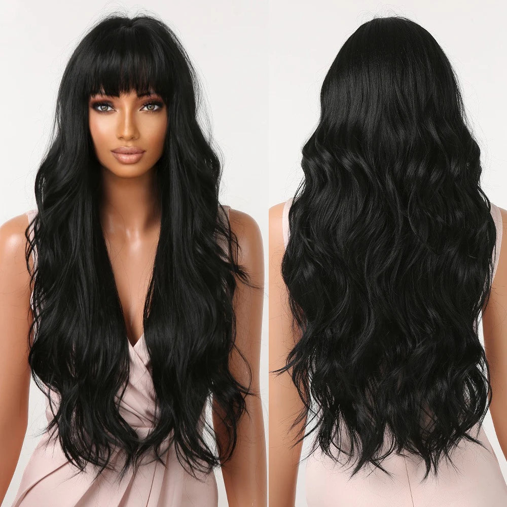 Wigs Wholesale Long Wave Synthetic Wigs With Black Bangs Body Wavy Natural Black Hair Heat Resistant for Women Afro Wig