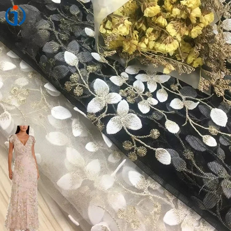 Custom Elegant Polyester White Golden Metallic Thread Flower Branch Design Tulle Mesh Embroidery Fabric for Women