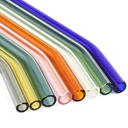 Reusable Borosilicate Straight and Bent Color Glass Straws With Cleaning Brush
