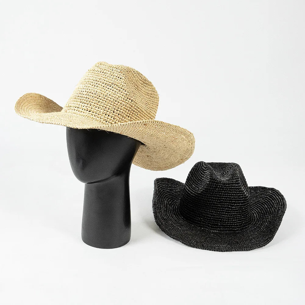 2024 Summer New Arrival Fashion Design Beach Sun Hat Women Men Hand Crochet Natural Raffia Straw Cowboy Hat