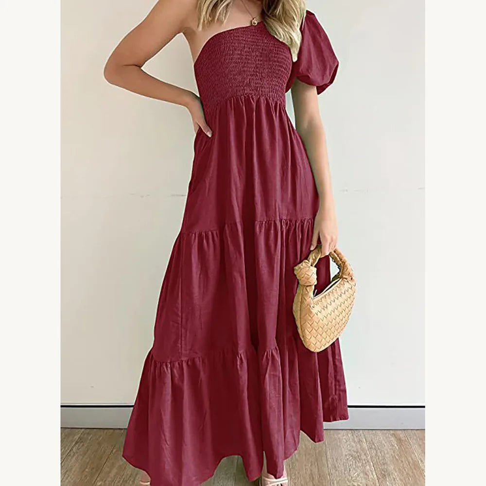 New Dress Puff Sleeve One Shoulder Asymmetry Maxi Dress Sandy Beach Female Dresses