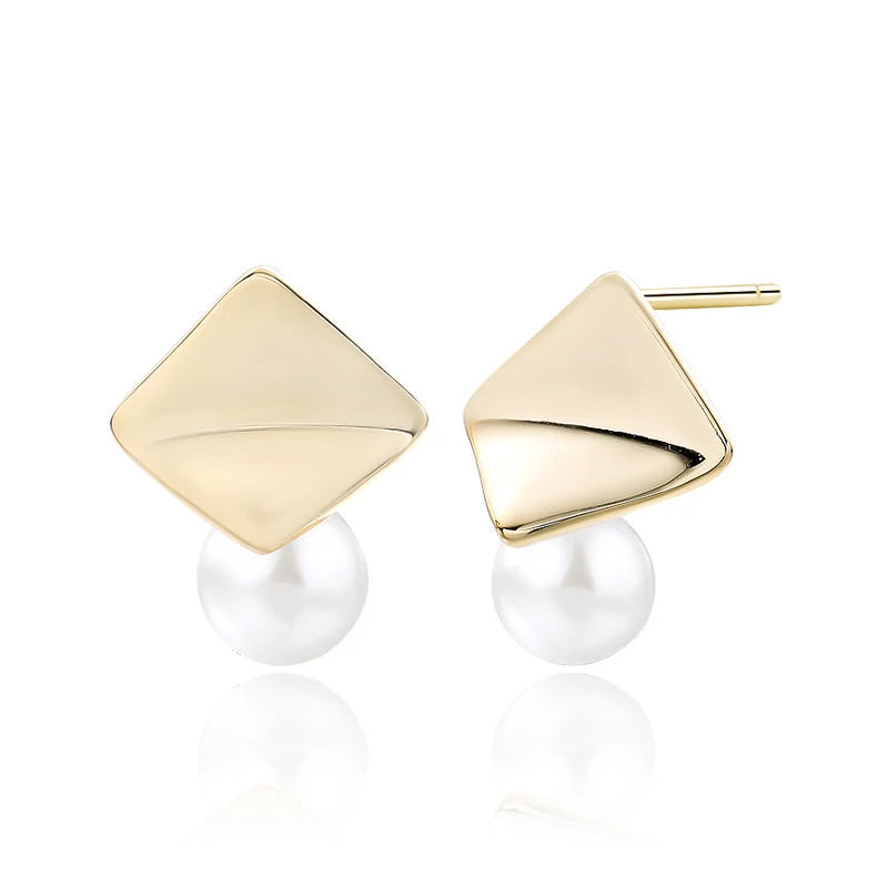 New Trendy Geometric Design Jewelry 925 Sterling Silver Freshwater Pearl Stud Earrings for Women Girls