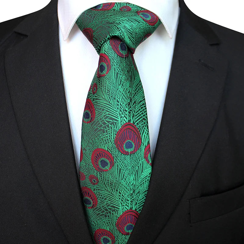 Peacock Printed Ties Set Men 8CM Slim Fashion Daily Casual Men's Neckties With Pocket Square Wedding Party Business Shirt Hanky