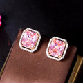 Two Tones Silver Plated Bling Pink Cubic Zircon Stone Big Square Stud Earrings for Women Classic CZ Daily Party Wear Jewelry