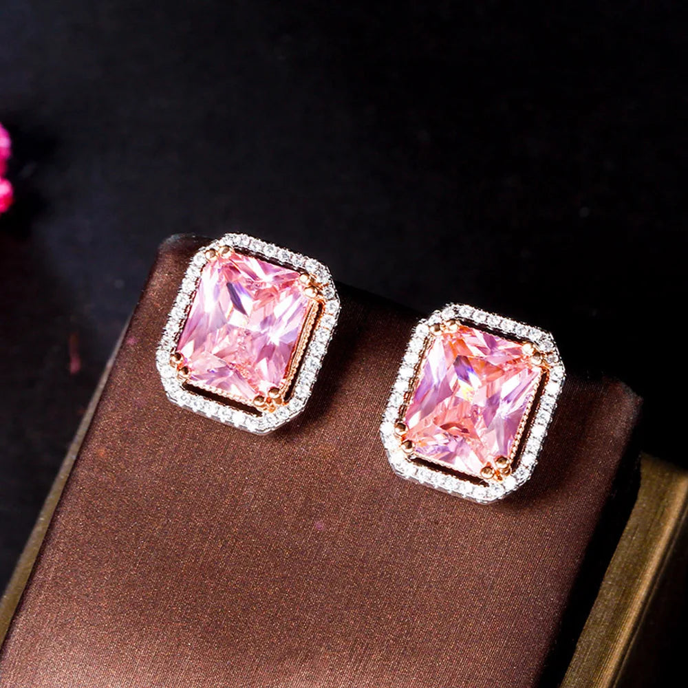 Two Tones Silver Plated Bling Pink Cubic Zircon Stone Big Square Stud Earrings for Women Classic CZ Daily Party Wear Jewelry
