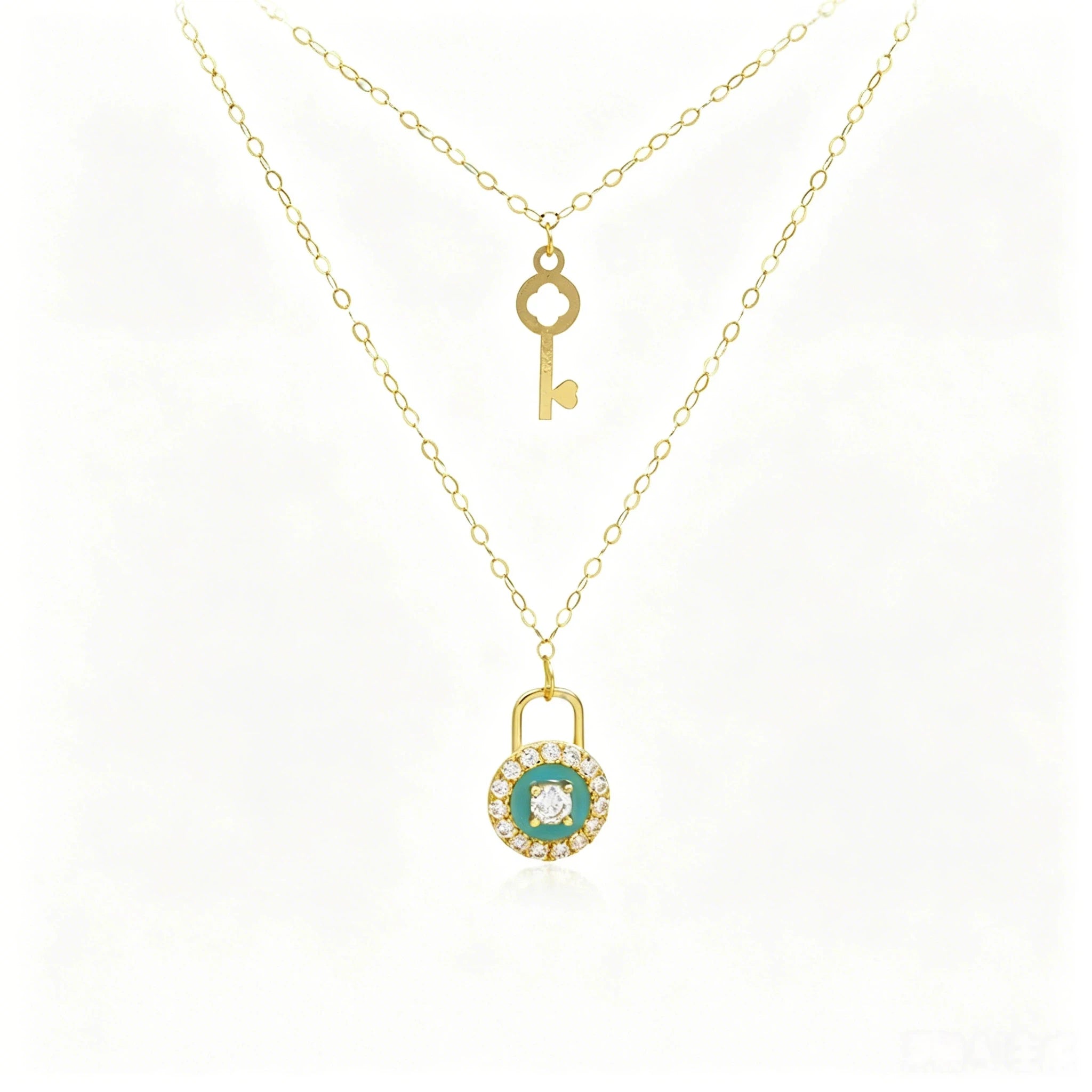 18K Gold Key Lock Double Layer Pendant Necklace for Women Custom Enamel Zircon Luxury Fine Chains Necklaces Bridal Jewelry