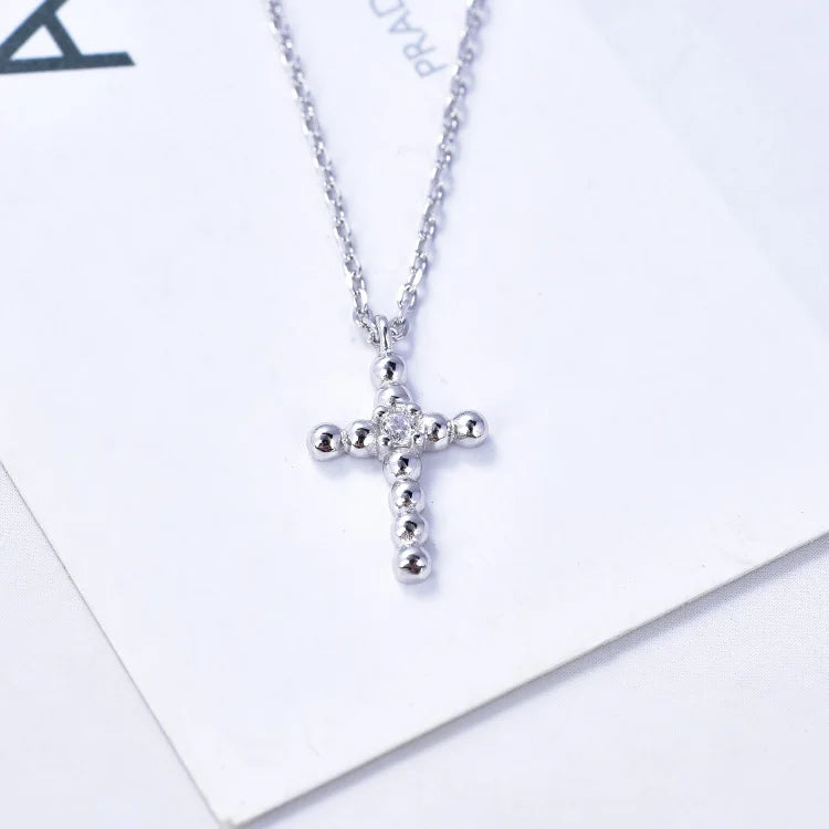 Daily Wear Women Aaa Cubic Zirconia 925 Sterling Silver Necklaces Rhodium Plated Beaded Cross Necklace