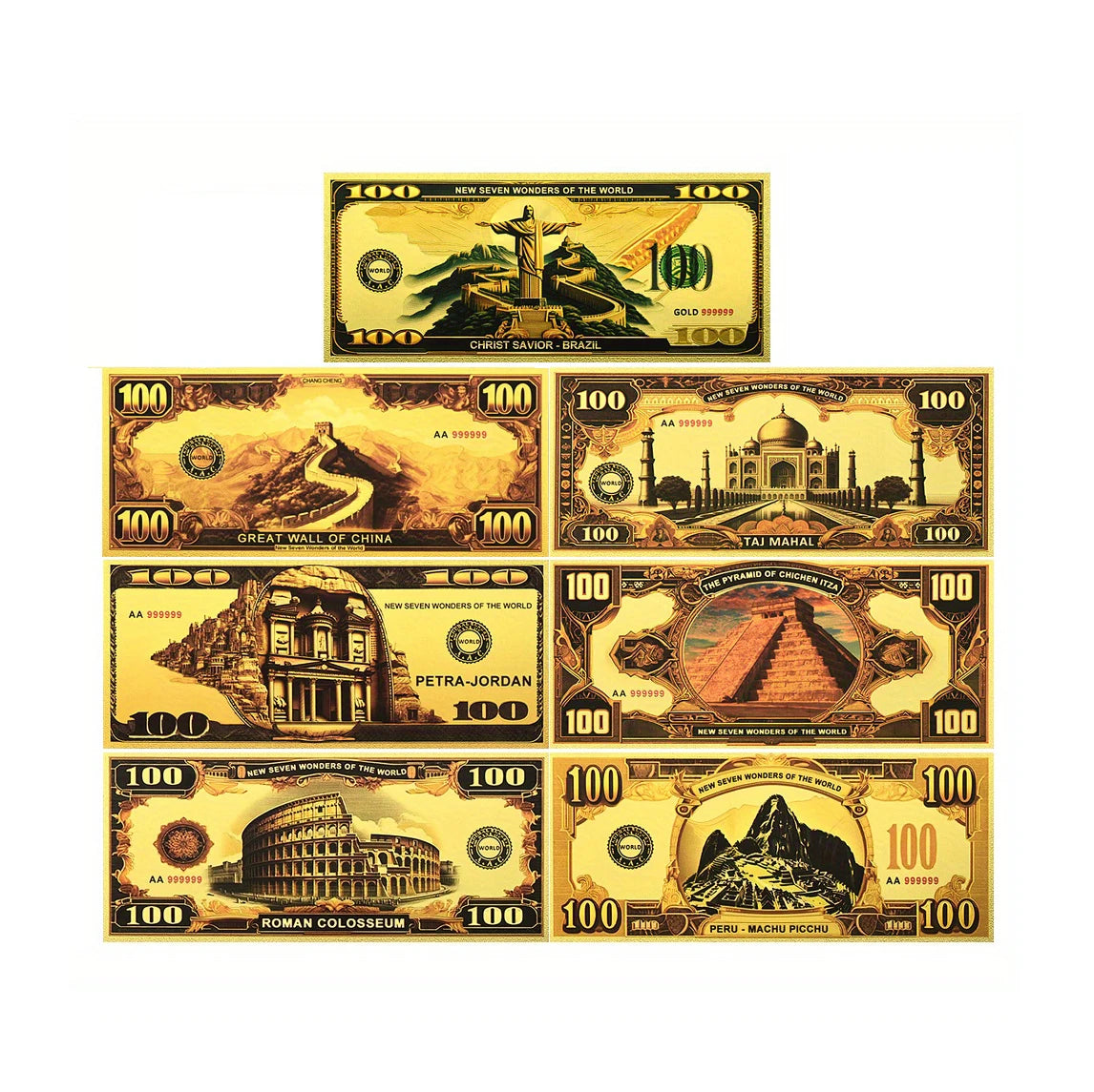 Custom Collection Banknote Seven Wonders of the World Polymer Gold Foil Banknotes