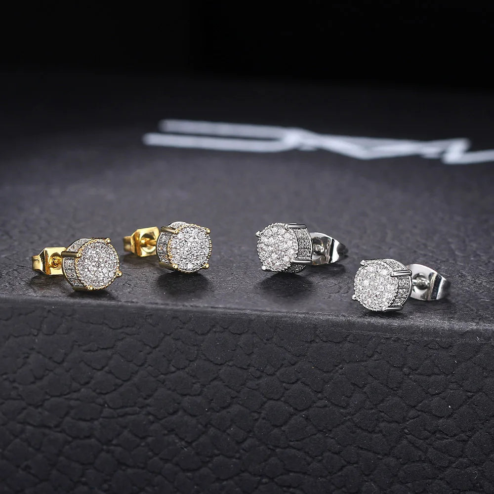 2022 Wholesale Hiphop Gold Plated Stud Earrings Shiny Full Diamond Stud Wedding Jewelry Micro Zircon Men Stud Earrings