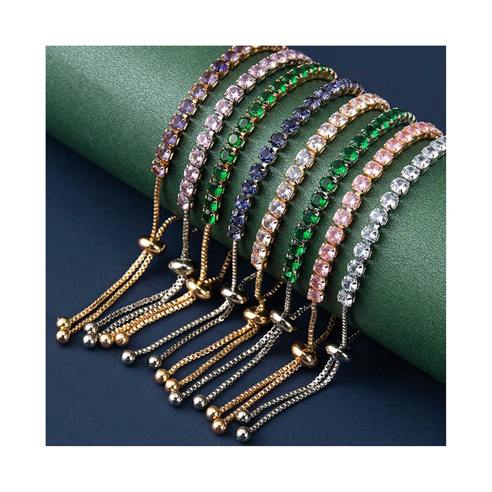 Hot Sale Luxury Tennis Adjustable Box Chain Bracelets for Women Multi-Colors Cubic Zircon Vintage Gold Plated Party Gift