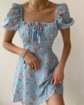 Women Off Shoulder Ditsy Floral Print Puff Sleeve Pleated High Waist Buttoned Dress Mini Dress Summer Holiday Dress S-XL