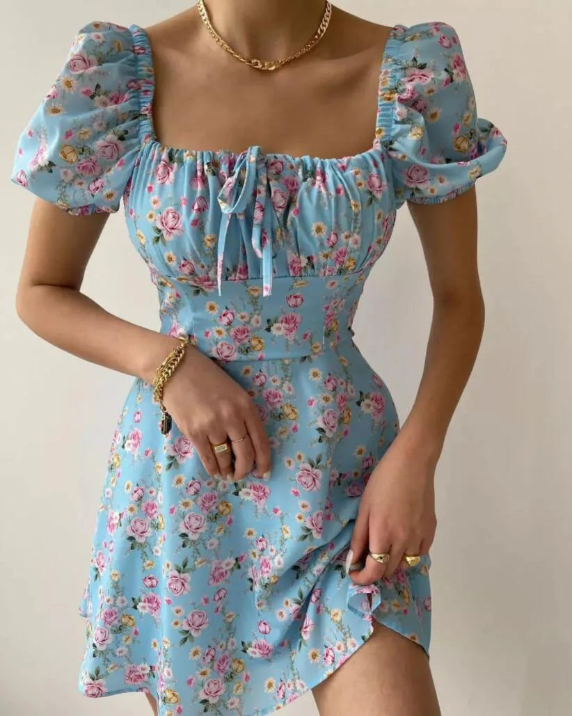 Women Off Shoulder Ditsy Floral Print Puff Sleeve Pleated High Waist Buttoned Dress Mini Dress Summer Holiday Dress S-XL