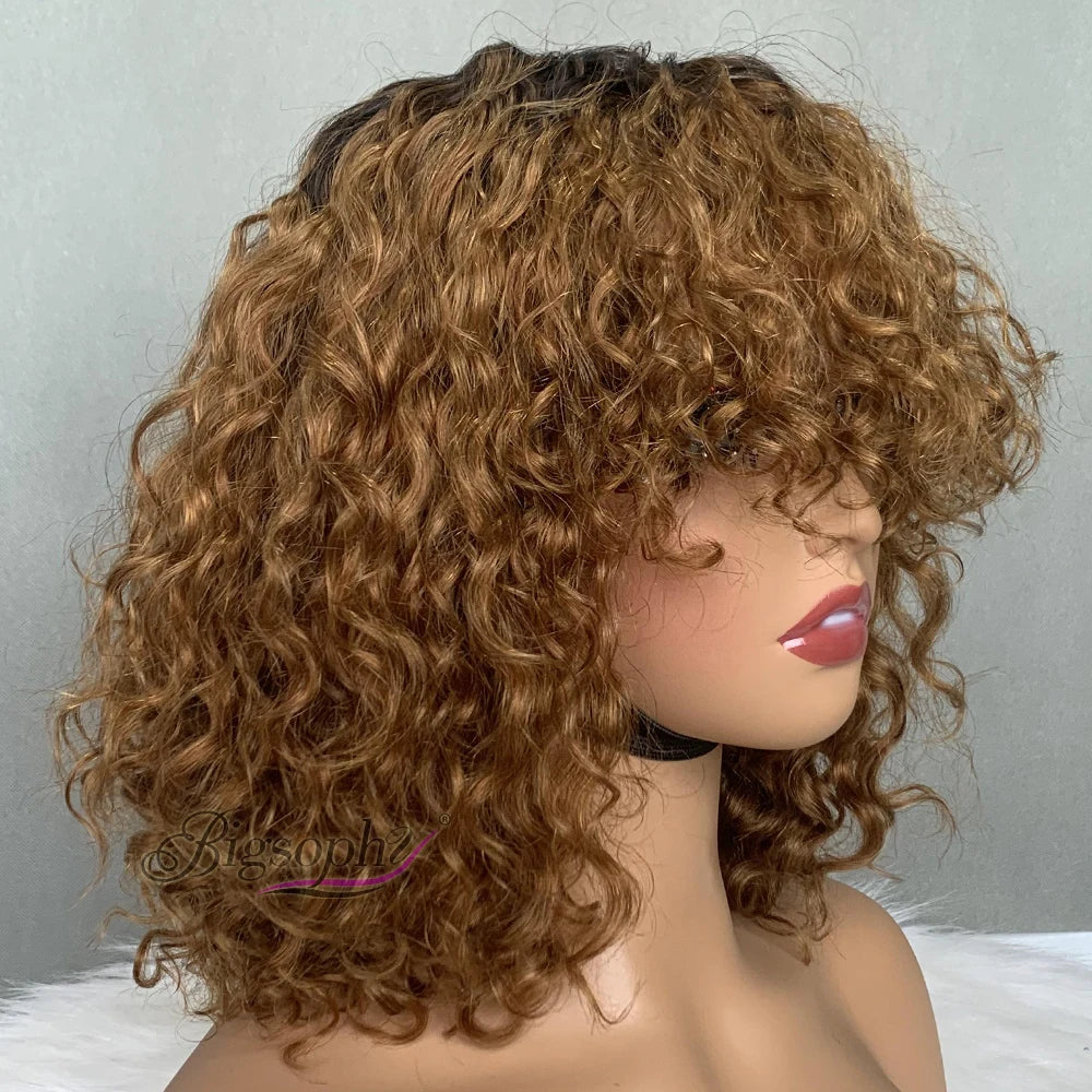 Wholesale Price Ombre Color Super Double Drawn Wig Vendor12 Inch T1b/30 Luxury Curl Machine Made Fringe Bob Wig About 200 Grams