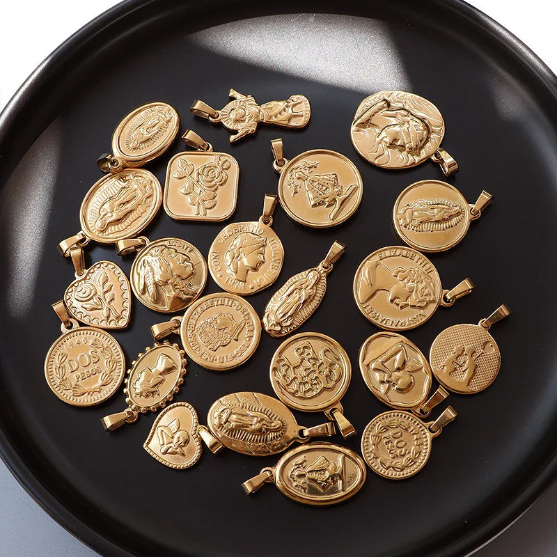 Wholesale Vintage Gold Elizabeth Charms for Necklace Stainless Steel Angles Pendant Classic Tarnish Free Rose Flower Charms
