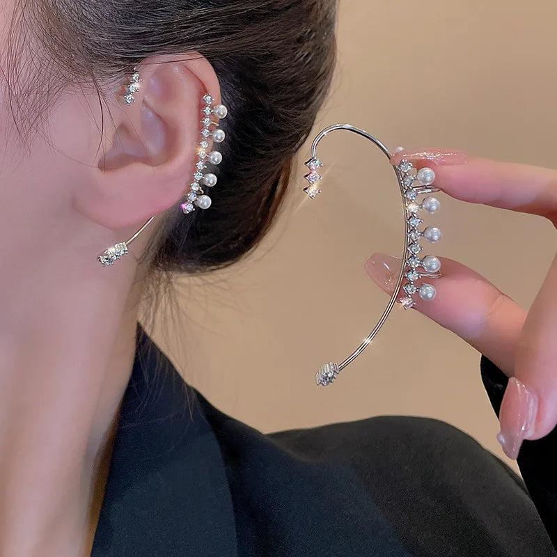 2022 Manguito De Oreja Non-pierced Pearl Ear Cuff Earring Bling No Piercing Zircon CZ Clip on Earrings