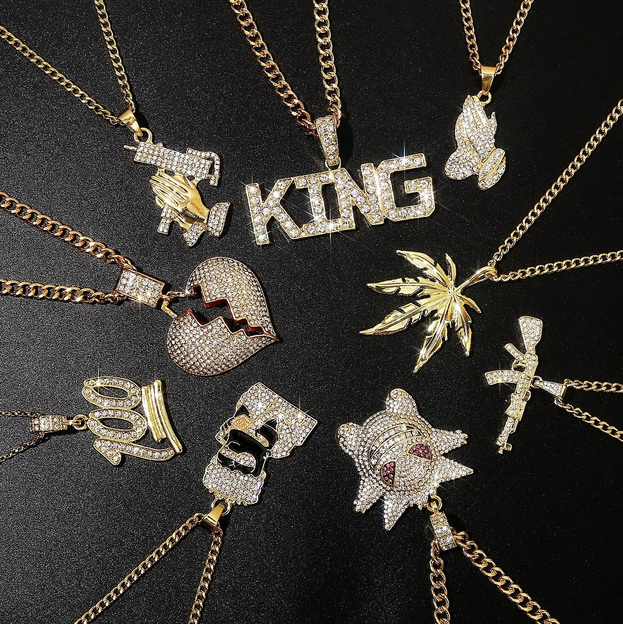 Bulk Customize Punk Letter  Gold Plated Rope Chain Diamond Pendant Necklace for Men