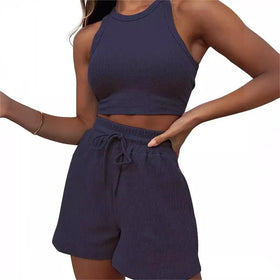 2024 Summer Women's Custom Logo 2-Piece Casual Jogger Track Suit Sleeveless Above Knee O-Neck Button Lace Solid Color 2 Pieces