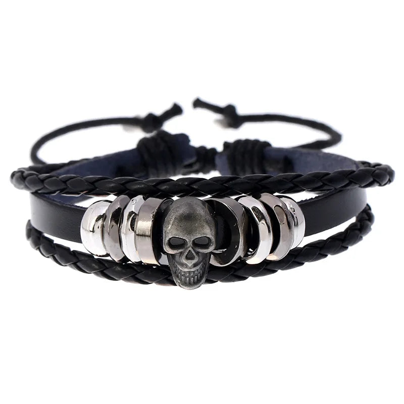 Metal Skull Accessories Leather Bracelet Handmade Beaded Skeleton Jewelry Charm Bracelet For Men And Women