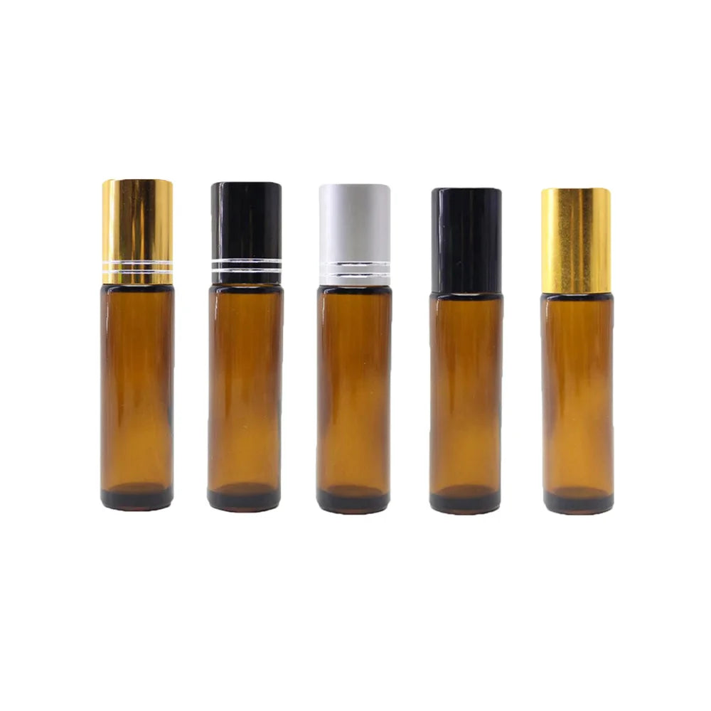 Custom Logo Screen Printed Roller Perfume Bottles 5ml 10ml Amber Glass Attar Roll on Bottle with Metal Roller for Wholesale