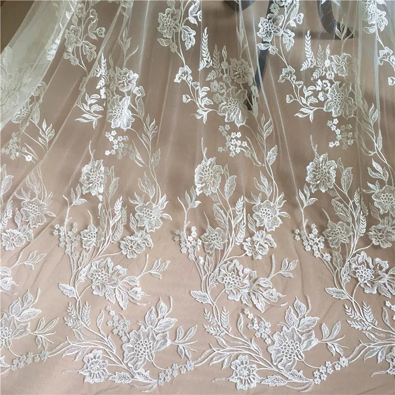 Luxurious Embroidered 3D Lace Fabric Sequins Wedding Dress Garment 100% Polyester White Flower DIY Accessories