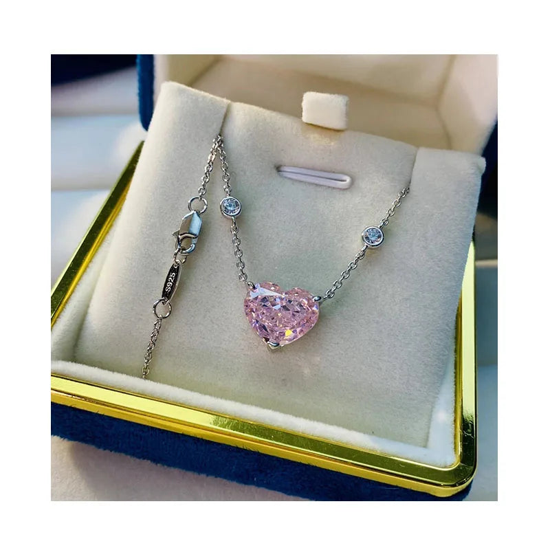 Ins Style 12*15mm Big pink Yellow Heart Zirconia Pendant 925 Silver Necklace