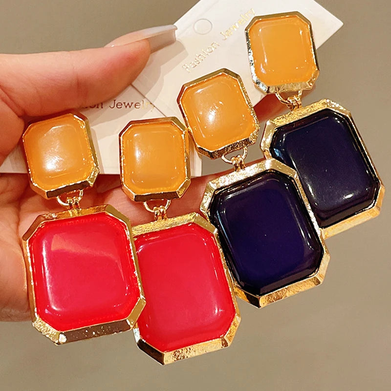 2025 New Arrival Fashion Jewelry European Fashion 18K Gold Plated Gemstone Resin Dangle Earring Red Blue Geometric Drop Earrings